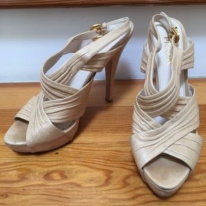 Prada Platform Heels Sandals Crisscross Ruched Slingback Nude Beige size 39.5